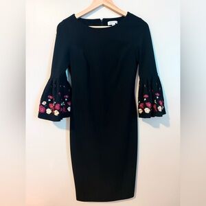 Calvin Klein Black Sheath Dress with Floral Bell Sleeves
